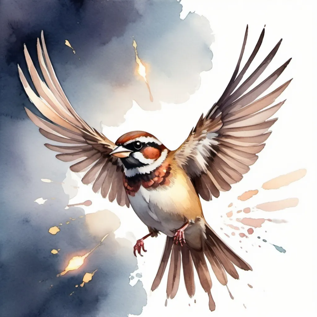 Prompt: Sparrow flying and glowing, in watercolor painting art style
