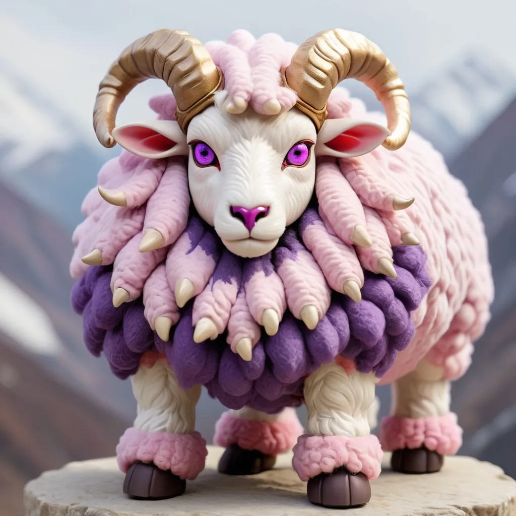 Prompt: light pink Minotaur covered in scaled purple fur and white sheep wool with a fluffy tail and golden sheep horns and one red eye, best quality, masterpiece