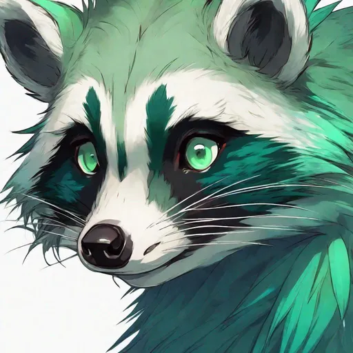 Prompt: Raccoon with sea-green and green fur, a fluffy feathery neck fur, red horns, and solid blue eyes, masterpiece, best quality, in anime art style