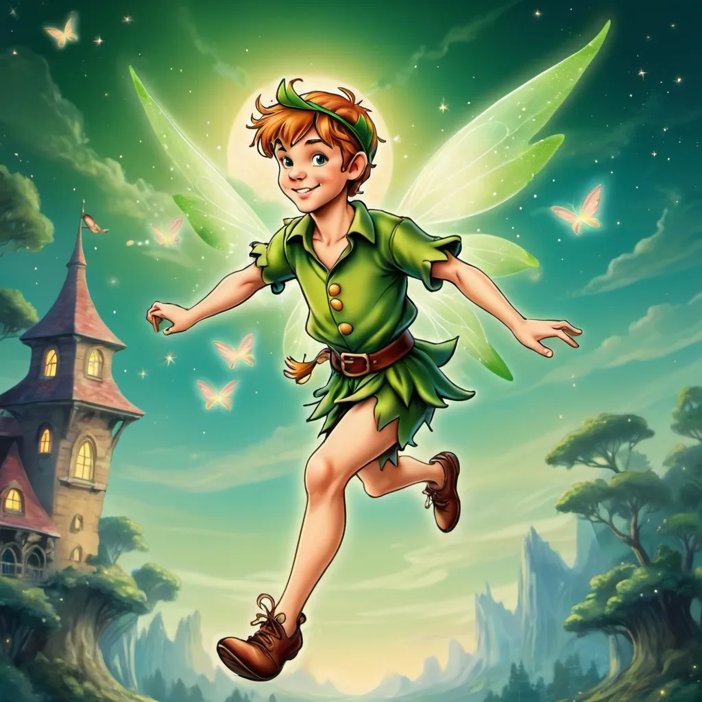 Prompt: peter pan flying with fairy wings, background neverland, in fairy art style