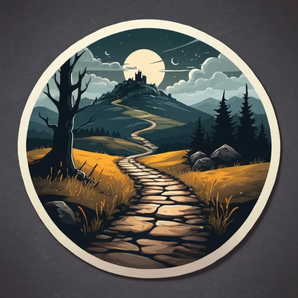 Prompt: Pilgrims' Path in sticker gloomy art style