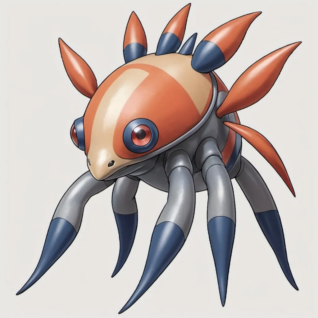 Prompt: Anomalocarimon with tan gray silver red-orange navy-blue palette in Ken Sugimori art style