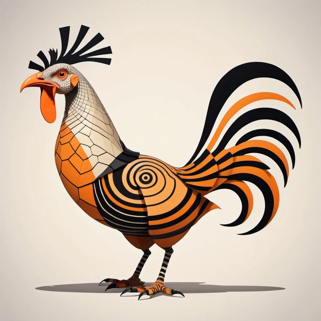 Prompt: Bipedal creature resembling a chicken with orange and tan scales and black stripes with a forked tongue and a long snake-like tail in geometric art style