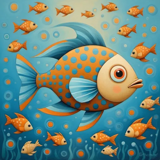 Prompt: Funky tan fish with darker tan spots and light-blue fins in Iwona Lifsches art style

