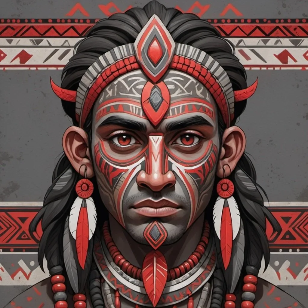 Prompt: Apex Arzuros with light-gray gray dark-brown dark-gray and red color palette with background in tribal art style