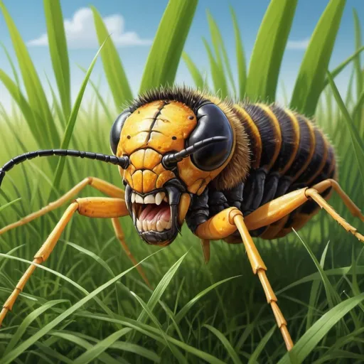 Prompt: Beware of the sharp stinger on its head. It hides in grass and bushes where it eats leaves in western illustration realistic hyperdetailed portrait art style