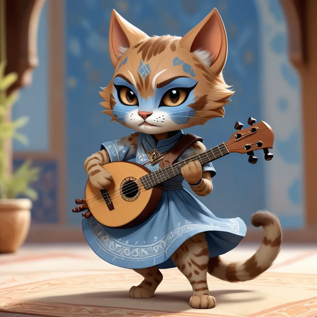 Prompt: Abadusa is a female Khajiit with light brown fur and wearing a simple dull-blue and brown dress with light-blue patterns and a dull blue and light-blue patterned cat mask and is playing the lute, in chibi art style