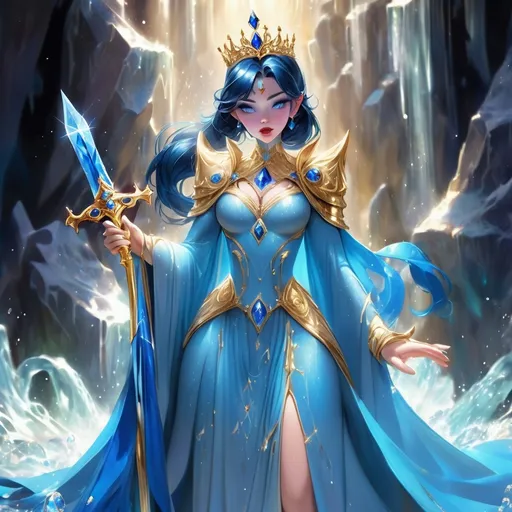 Prompt: Disney Princess who is a Crystalian Noble with dark blue twintails and a crystal crown and dressed in a fantasy style light-blue battle-dress with gold trim and sapphire gems and a long flowing water-blue cape with a jewel encrusted sword in hand, background crystal cave surrounded by gold and blue crystals, Masterpiece, Best Quality, in Disney art style