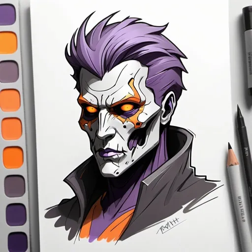 Prompt: Wraith with purple gray and orange palette in color sketch note art style
