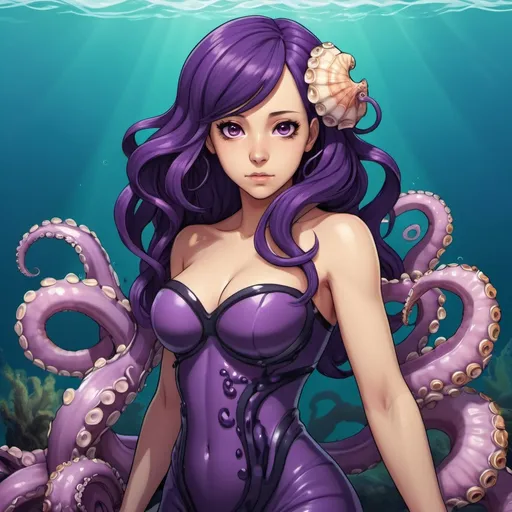 Prompt: Octomaid with deep purple octopus tentacles and a sea-shell and kelp top, background ocean, in visual novel art style