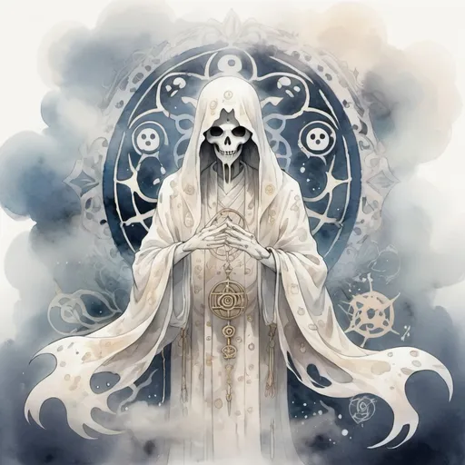 Prompt: Ivory Ghost that is meticulously covered with spiritualistic symbols surrounded by mist and fog in watercolor anime art style
