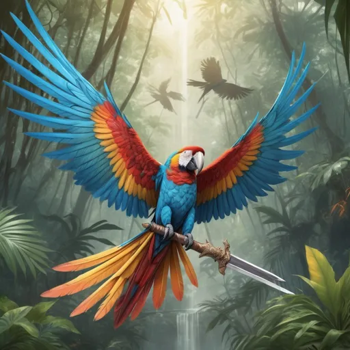 Prompt: Macaw with wings spread in brilliant colors and swords floating around them as they get stronger in pencil art style, background jungle