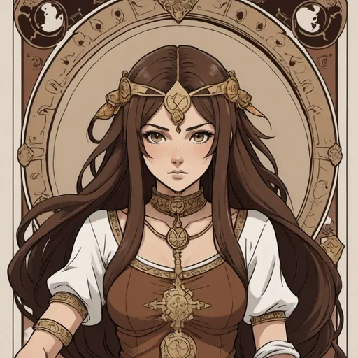 Prompt: tarot card Anime illustration, Akulakhan with dark brown brown and white-brown palette