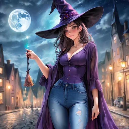 Prompt: Witch, color Denim, witch hat, witch outfit with jeans, wand, best quality, masterpiece, background night in the cit