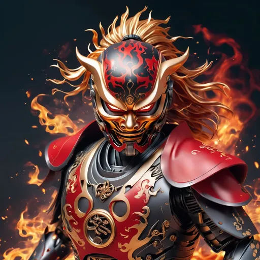 Prompt: Robotic Ninja in red and iron with a japanese style mask and golden mane of flames best quality, masterpiece