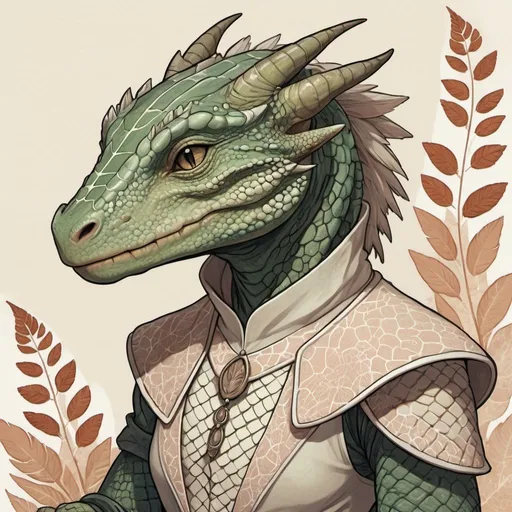 Prompt: A lovely Argonian with soft scales in soft feathery outfit in audrey kawasaki art style
