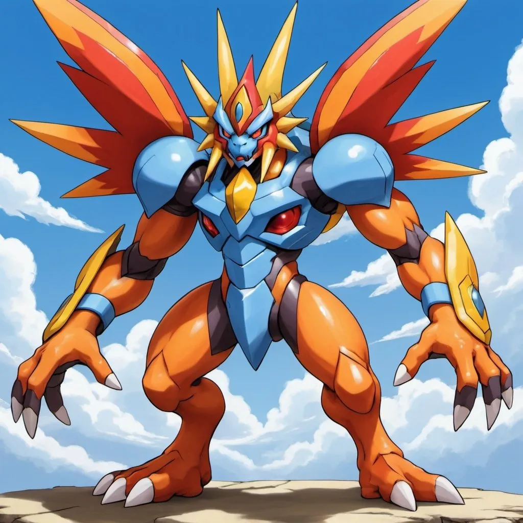 Prompt: Allomon with blue sky-blue red and orange palette Ken Sugimori art style