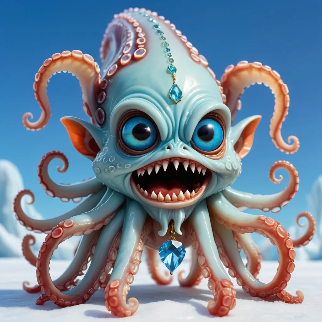 Prompt: a Gremlin with many long squid-like tentacles and a jewel ontop it's head which can blind with its benevolent beauty, in icy blue sky blue and blue colors, best quality, masterpiece
