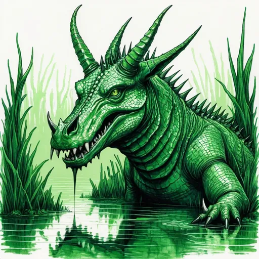 Prompt: A Oryx covered in vivid green and swamp green scales with horns spikes and a alligator-like snout with fangs swimming in a eerie swamp, in gel pen art style