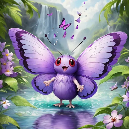 Prompt: Kiwi Butterfree soft purple feathers, Type is Bug/Water, best quality, masterpiece, background flying by  flowers