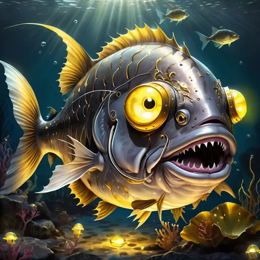 Prompt: Anglerfish with gray and dark gray scales zombie-like with golden plates and markings and angler lure that glows gold, background deep ocean with glowing plants