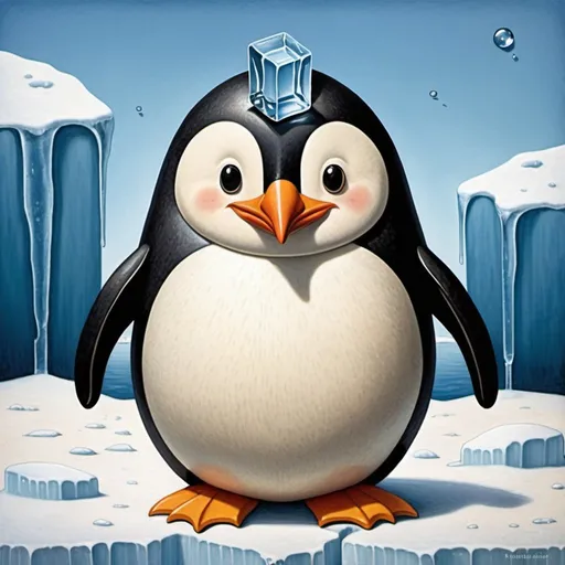 Prompt: penguin with a icecube for a head in Lowell Herrero art style
