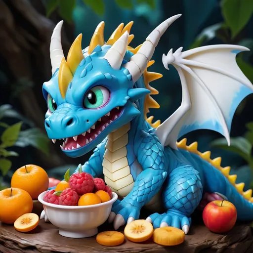 Prompt: A Small Dragon Digimon that is very voracious and it especially likes sweet foods Also it is very fond of sleeping, colors are bright blue and white, best quality, masterpiece