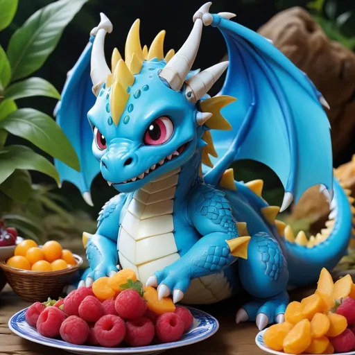 Prompt: A Small Dragon Digimon that is very voracious and it especially likes sweet foods Also it is very fond of sleeping, colors are bright blue and white, best quality, masterpiece