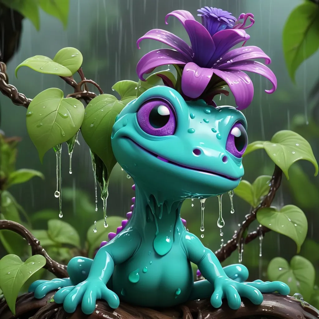 Prompt: Gecko made of teal slime with a purple flower on their head dripping with teal slime and tangling things with vines, background jungle rainstorm, Masterpiece, Best Quality