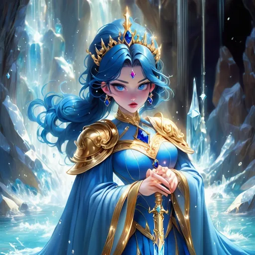 Prompt: Disney Princess who is a Crystalian Noble with dark blue twintails and a crystal crown and dressed in a fantasy style light-blue battle-dress with gold trim and sapphire gems and a long flowing water-blue cape with a jewel encrusted sword in hand, background crystal cave surrounded by gold and blue crystals, Masterpiece, Best Quality, in Disney art style