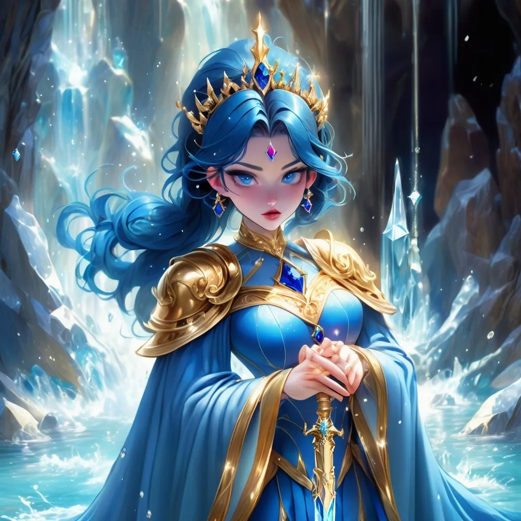 Prompt: Disney Princess who is a Crystalian Noble with dark blue twintails and a crystal crown and dressed in a fantasy style light-blue battle-dress with gold trim and sapphire gems and a long flowing water-blue cape with a jewel encrusted sword in hand, background crystal cave surrounded by gold and blue crystals, Masterpiece, Best Quality, in Disney art style