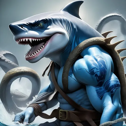 Prompt: Teenage Mutant Ninja Shark that is blue and grey and covered in snakes, best quality, masterpiece