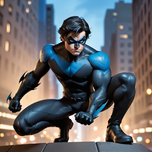 Prompt: Nightwing coasting around the city