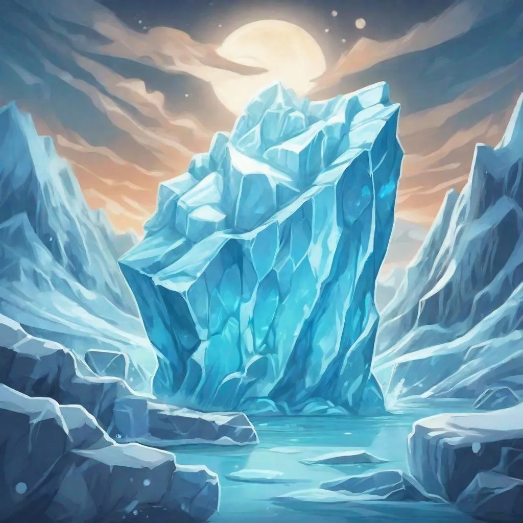 Prompt: Glacier Ghost, A core of ice and a heart of stone, ice surge and chilling energy, masterpiece, best quality, background arctic  at night, in cartoon art style
