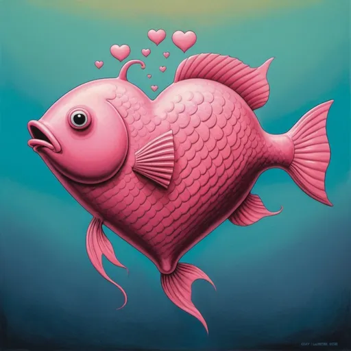 Prompt: pink fish shaped like a heart in Gary Larson art style
