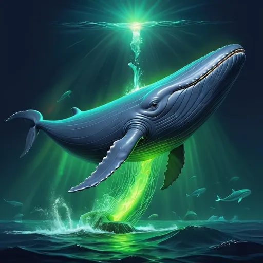 Prompt: Blue whale glowing with green energy, drawing in all the energy from surrounding ocean life, in alcoholink style, masterpiece, best quality, background deep ocean