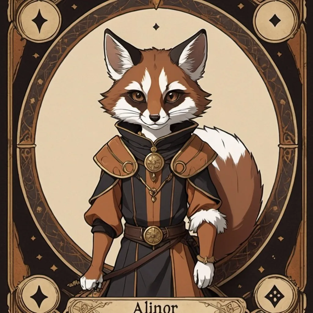 Prompt: tarot card Anime illustration, Alinor Ringtail with rusty-brown and dark-brown palette