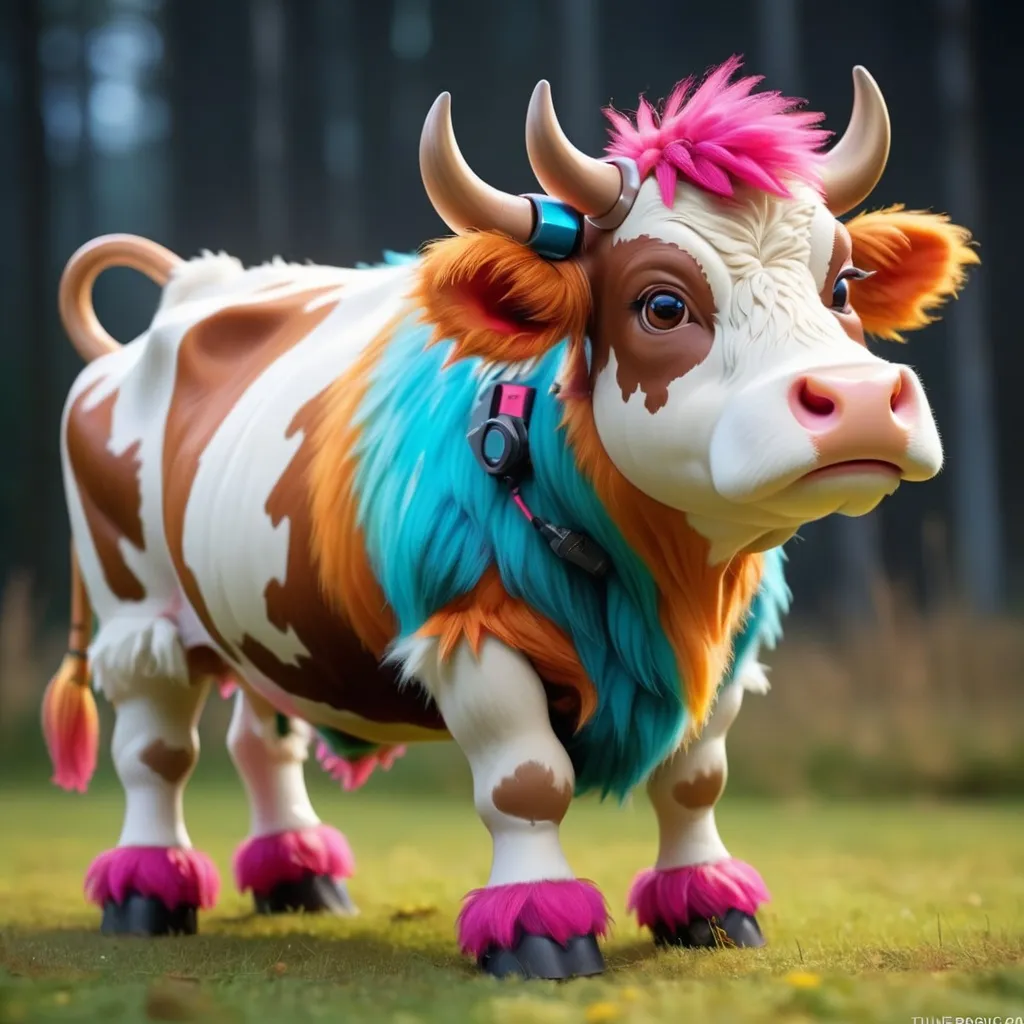 Prompt: Tuffle Cow that is highly advanced technological cow with vivid fur color and high tech weapons, masterpiece, best quality