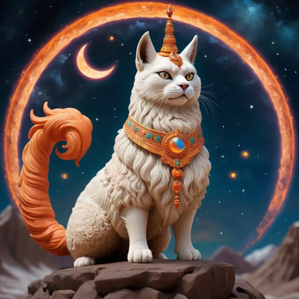 Prompt: Agni Cat God of the moon that rides on a cosmic llama across the stars, masterpiece, best quality