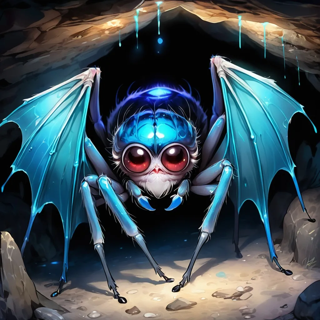 Prompt: Jumping Spider of various shades of blue with glowing white eyes and bat wings hanging upside down in a cave, masterpiece, best quality
