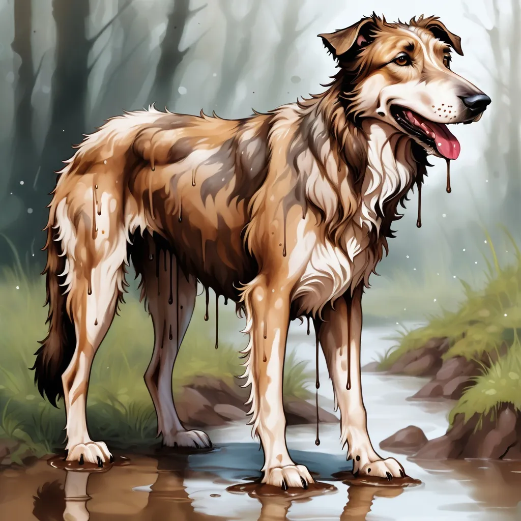 Prompt: Wurfles which is a mottled tan and brown shaggy wolfhound that drips with wolfs and mud, in dripping art style 