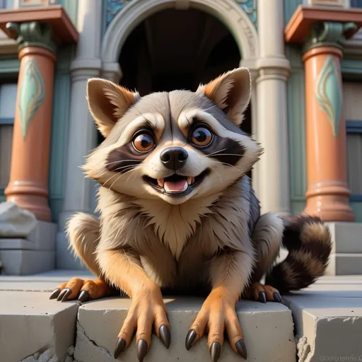 Prompt: Raccon Dog claws dug into the concrete as it causes a earthquake, in art nouveau art style, masterpiece, best quality, background cityscape