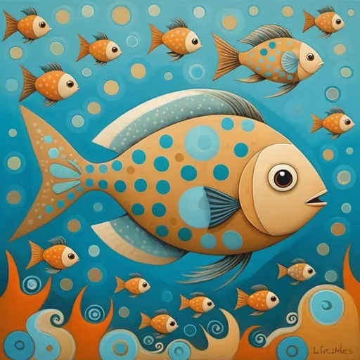 Prompt: Funky tan fish with darker tan spots and light-blue fins in Iwona Lifsches art style
