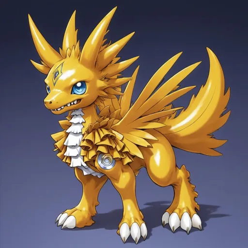 Prompt: A  Digimon possessing a frill on its neck. Its frill was made from a hardened portion of its hairs, and by covering its body with the frill when danger approaches, it can be used as "Armor" to protect its body. Since it is extremely full of curiosity, it has a habit of responding to anything that moves, but because it also responds to its own tail, it chases after it, and is often observed spinning in place, colors are primarily golden-tan and gold, in marker art style
