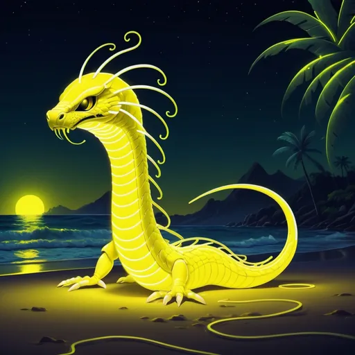 Prompt: luminescent yellow-white cobra outlined in glowing neon yellow lines with long tendril-like fins and tai and solid yellow eyes background night beach in chibi  monster neon art style