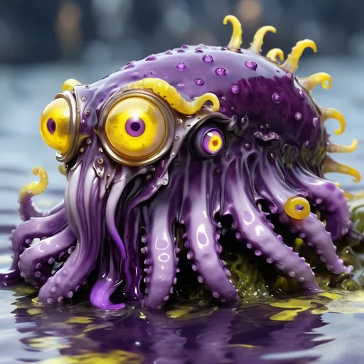 Prompt: Cuttlefish in deep rich violet tatters with gray-violet metal tendrils and tentacles yellow horns and yellow glowing eyes, Masterpiece, Best Quality