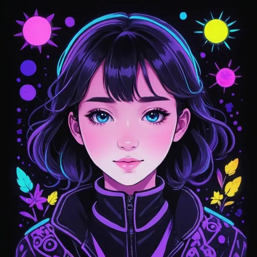 Prompt: Arisa's Leadership in cute blacklight paint art style
