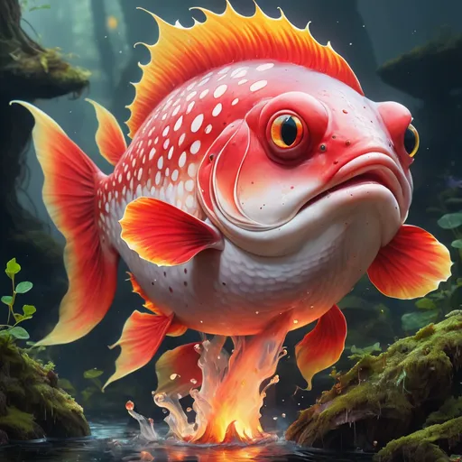 Prompt: Fish that is red with yellow spots and is on fire and has mushrooms growing out of it's scales, masterpiece, best quality