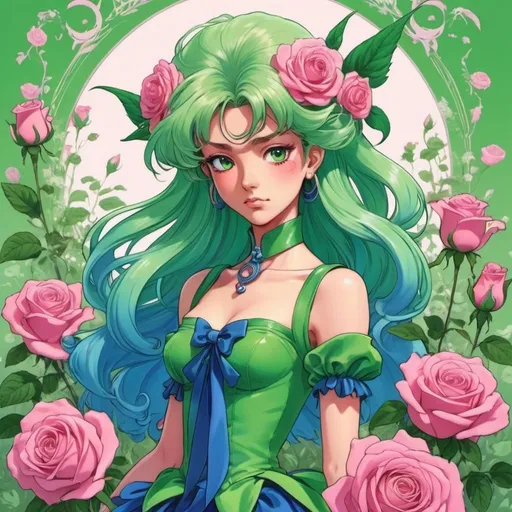 Prompt: light-green and grass green flower fairy with blue and pink roses in Revolutionary Girl Utena art style
