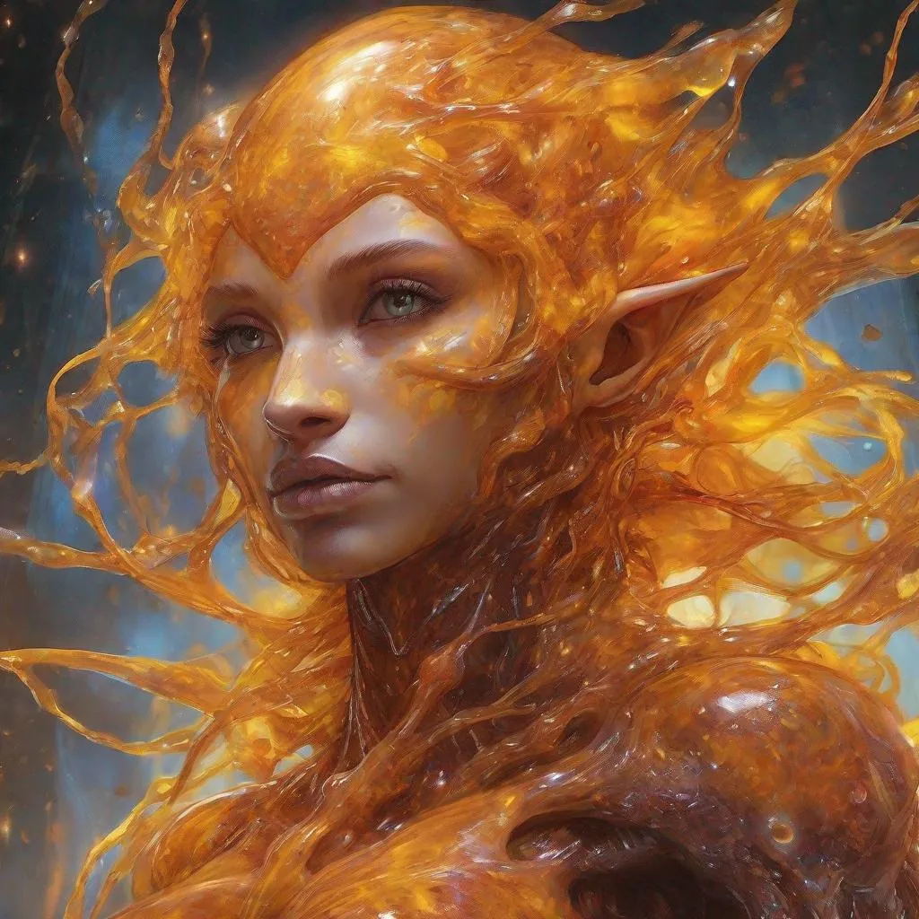 Prompt: Amber Plasm, a elf covered in glowing and magically-infused amber plasm markings, In Organic art style, best quality, masterpiece